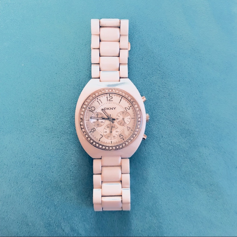 DKNY white watch with stones